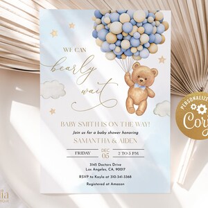 BEWERKBARE teddyberen baby shower uitnodiging, hemelsblauw Boho aquarel beer met ballonnen, babyjongen strooi partij uitnodigen sjabloon, BS175