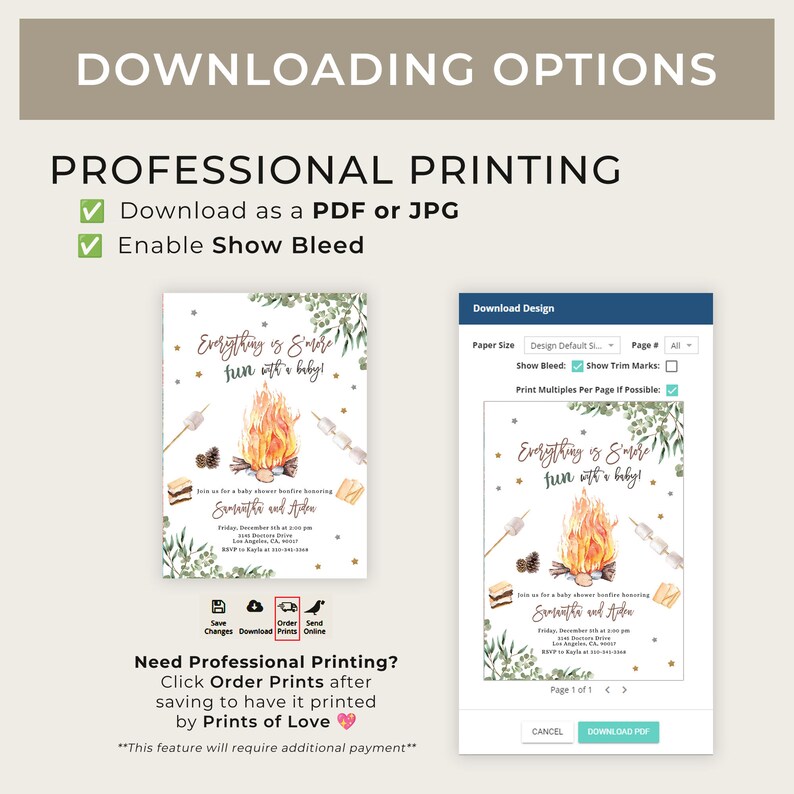 May include: A printable invitation for a baby shower with a campfire and s'mores theme. The invitation features a campfire with marshmallows and a text overlay that says "Everything is s'more fun with a baby!" The invitation also includes the text "Join us for a baby shower bonfire honoring Samantha and Ashe"