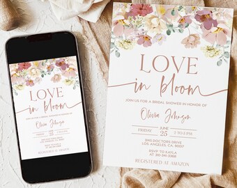 Love in Bloom Bridal Shower Invitation, Editable Spring Bridal Shower Invite, Floral Bridal Shower Printable Template Instant Download BR002