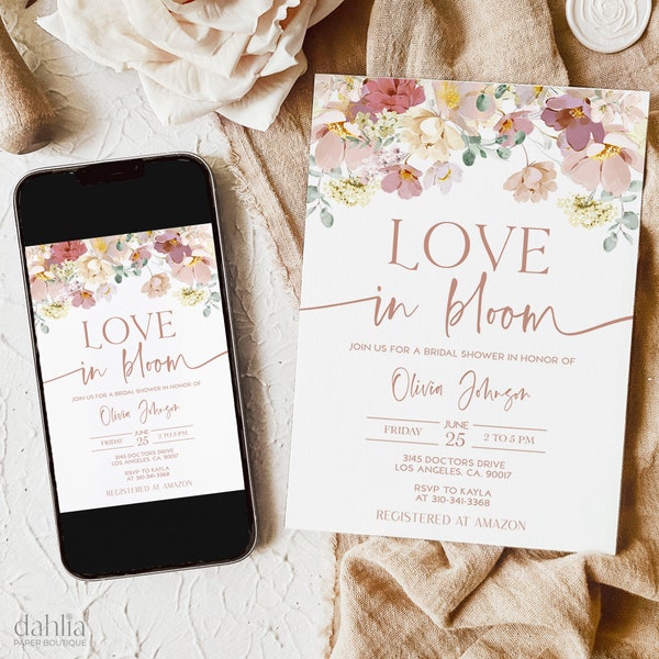 Love in Bloom Bridal Shower Invitation, Editable Spring Bridal Shower Invite, Floral Bridal Shower Printable Template Instant Download BR002