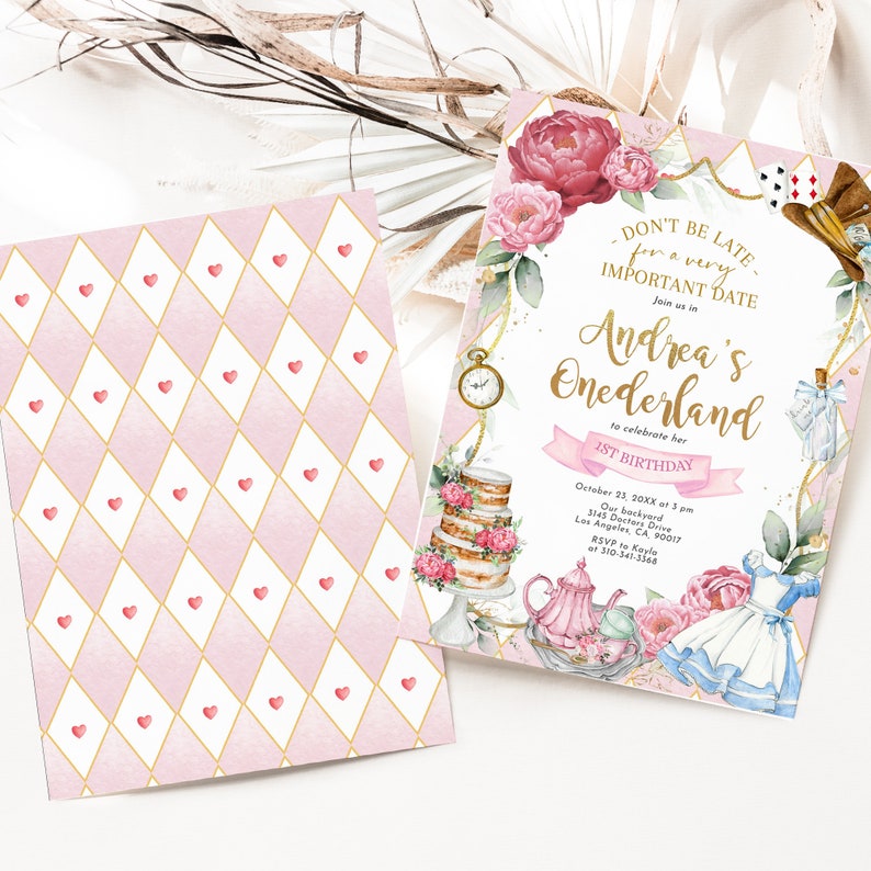 Invito Alice nel Paese delle Meraviglie, Invito MODIFICABILE Whimsical Mad Tea Party, Onederland Girl, Modello moderno rosa pastello del 1 compleanno, KP191 immagine 2