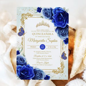 Vintage Quinceañera Invitation, EDITABLE Antique Frame 15th Birthday Party, Royal Blue & Gold Mis Quince Anos Invite, Instant Download Q148