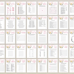 May include: A set of printable baby shower game cards with floral and animal illustrations. The cards feature a variety of games, including "Who Knows Mummy Best?", "Baby Bingo", "Guess the Baby Food", and "What's in Mummy's Purse?"