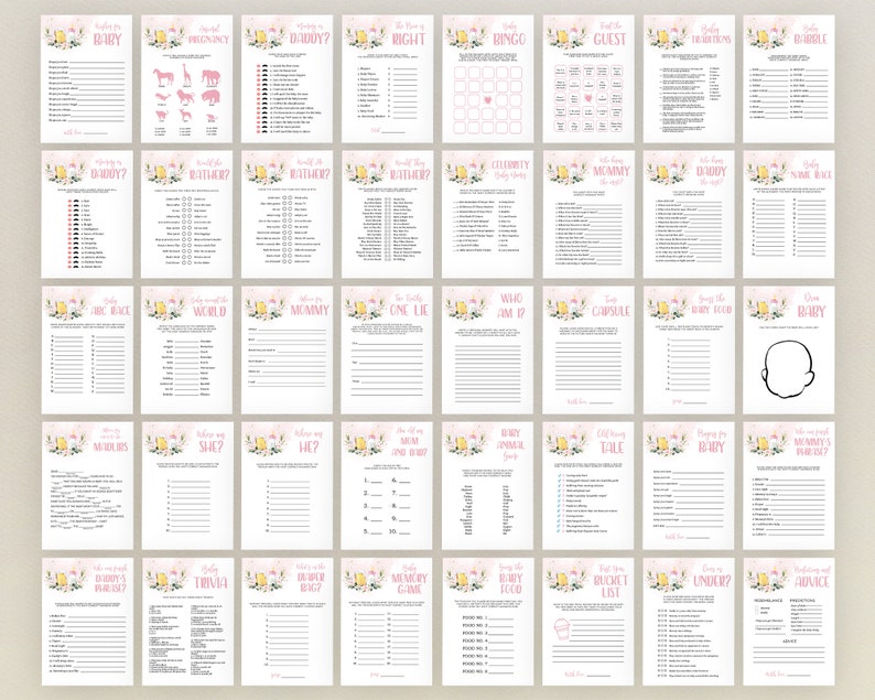 May include: A set of printable baby shower game cards with floral and animal illustrations. The cards feature a variety of games, including "Who Knows Mummy Best?", "Baby Bingo", "Guess the Baby Food", and "What's in Mummy's Purse?"