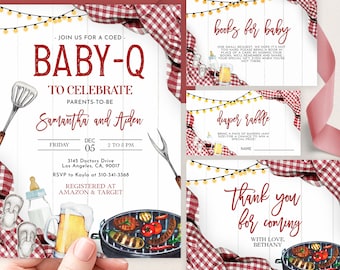 EDITABLE Baby-Q Baby Shower Invitation Set, Unisex Backyard Couples Baby Sprinkle, BBQ Party Template Pack, Plaid Red Digital Invite, BS167