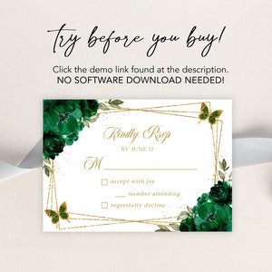 Puede incluir: Una tarjeta RSVP blanca con un marco geom&eacute;trico dorado y detalles florales verdes. El texto "Kindly RSVP" est&aacute; impreso en letras doradas con la fecha "BY JUNE 12". Hay tres casillas de verificaci&oacute;n para que los invitados indiquen su respuesta: "accept with joy", "regretfully decline" y "number attending".