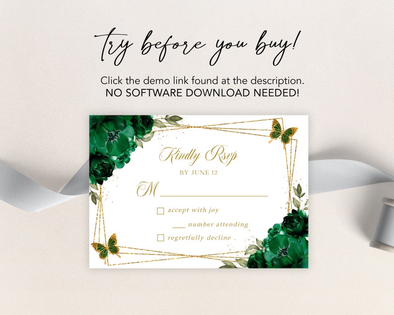 Puede incluir: Una tarjeta RSVP blanca con un marco geom&eacute;trico dorado y detalles florales verdes. El texto "Kindly RSVP" est&aacute; impreso en letras doradas con la fecha "BY JUNE 12". Hay tres casillas de verificaci&oacute;n para que los invitados indiquen su respuesta: "accept with joy", "regretfully decline" y "number attending".