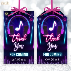 Grazie per essere venuto Etichetta regalo, Etichetta compleanno musicale EDITABLE, Cuffie Bomboniera, Etichetta Tween Dance Party, Neon Karaoke, Rock Star, KP134