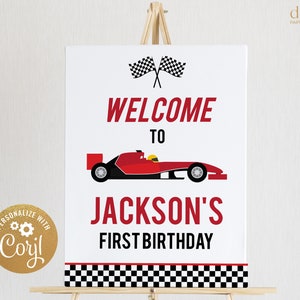 EDITIERBARE Fast One First Birthday Willkommensschild, druckbare Race Car Party Decor Vorlage, Boy Red Racing Auto Banner, Instant Download KP055