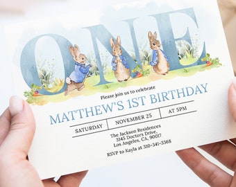 Peter Rabbit First Birthday Invitation, Editable Invite Template, Rustic Bunny, 1st Birthday, Boy Party Printable, Instant Download, Corjl