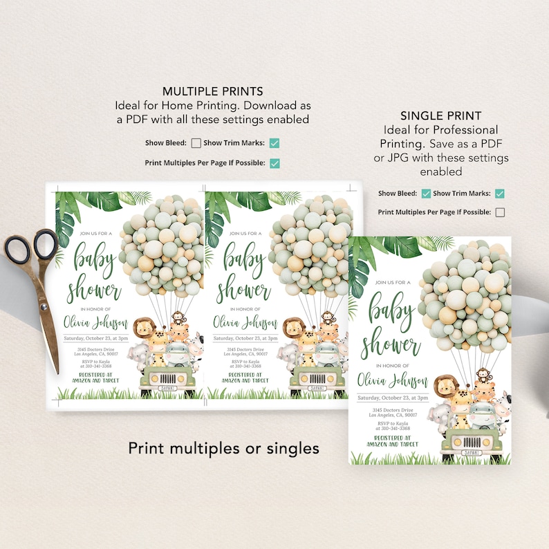 May include: Baby shower invitation featuring a safari theme with a jeep carrying animal characters and a balloon arrangement. The invitation includes event details and the text "baby shower".