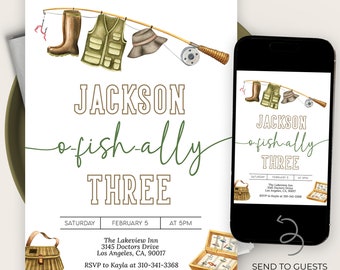 May include: A printable invitation for a child's third birthday party with a fishing theme. The invitation features a green and brown fishing rod with a fishing lure, a brown and green fishing vest, a brown hat, and a pair of brown boots. The text on the invitation reads "Jackson ofish-ally Three" and includes the date, time, and location of the party. The invitation also includes a phone number for RSVP.