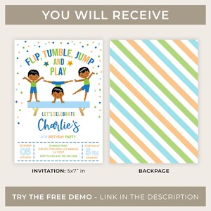 Puede incluir: Una invitaci&oacute;n azul y verde con una ilustraci&oacute;n de dibujos animados de ni&ntilde;os haciendo gimnasia. El texto dice "Flip, Tumble, Jump and Play. Let's Celebrate Charlie's 8th Birthday Party. December 05, Saturday.  Gymnast Park, 3145 Doctors Drive, Los Angeles, CA 90017. Starting at 5 PM Onwards. RSVP to Kayla at 310-341-3368. Invitation: 5x7" in. Backpage."