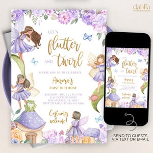 Fairy Birthday Invitation, Editable Magical Fairy Birthday Invite, Purple Garden Enchanted Forest, Flutter and Twirl, Instant Download KP020