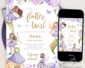 Fairy Birthday Invitation, Editable Magical Fairy Birthday Invite, Purple Garden Enchanted Forest, Flutter and Twirl, Instant Download KP020