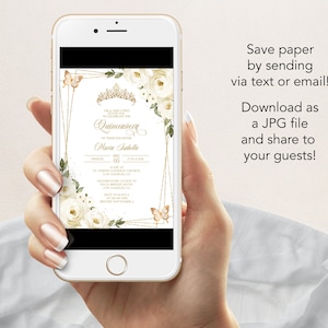 May include: A digital invitation for a Quincea&ntilde;era celebration. The invitation features a gold frame with white roses and butterflies. The text on the invitation reads "Quincea&ntilde;era of Maria Isabella, Friday, December 05, 7:00 PM, Mass at 5:00 PM Catholic Church, Los Angeles, CA, Celebrate 12:00 PM at Palm Breeze Hotel, Los Angeles, CA, RSVP to Kayla at 555-555-5555 by November 5".