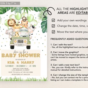 Pu&ograve; includere: Un invito a un baby shower verde e dorato con tema giungla. L'invito presenta una jeep dei cartoni animati con animali, tra cui una giraffa, un elefante, una scimmia e una zebra. Il testo sull'invito recita "Unisciti a noi per un Baby Shower in onore di Kim & Harry, sabato 5 dicembre alle 17:00, 3145 Doctors Drive, Los Angeles, CA, 90017, RSVP a Kayla al 310-341-3368, Registrato su Amazon".