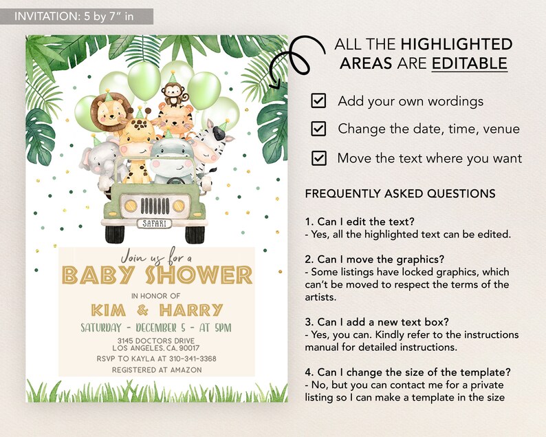Pu&ograve; includere: Un invito a un baby shower verde e dorato con tema giungla. L'invito presenta una jeep dei cartoni animati con animali, tra cui una giraffa, un elefante, una scimmia e una zebra. Il testo sull'invito recita "Unisciti a noi per un Baby Shower in onore di Kim & Harry, sabato 5 dicembre alle 17:00, 3145 Doctors Drive, Los Angeles, CA, 90017, RSVP a Kayla al 310-341-3368, Registrato su Amazon".