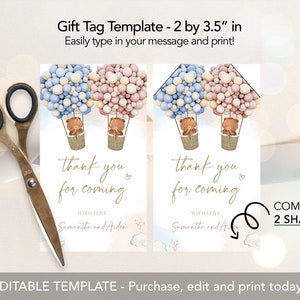 Pu&ograve; includere: Due modelli di etichette regalo stampabili con mongolfiere con orsacchiotti e il testo "grazie per essere venuto". Le etichette misurano 2 pollici per 3,5 pollici e sono disponibili in due forme. Il testo "WITH LOVE Samantha and Arden" &egrave; incluso sulle etichette.