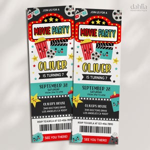 Kinokarte Geburtstagseinladung, Kino Filmnacht Kinder einladen Vorlage, digital bearbeitbare druckbare Uhrenparty, sofortiger Download, KP426