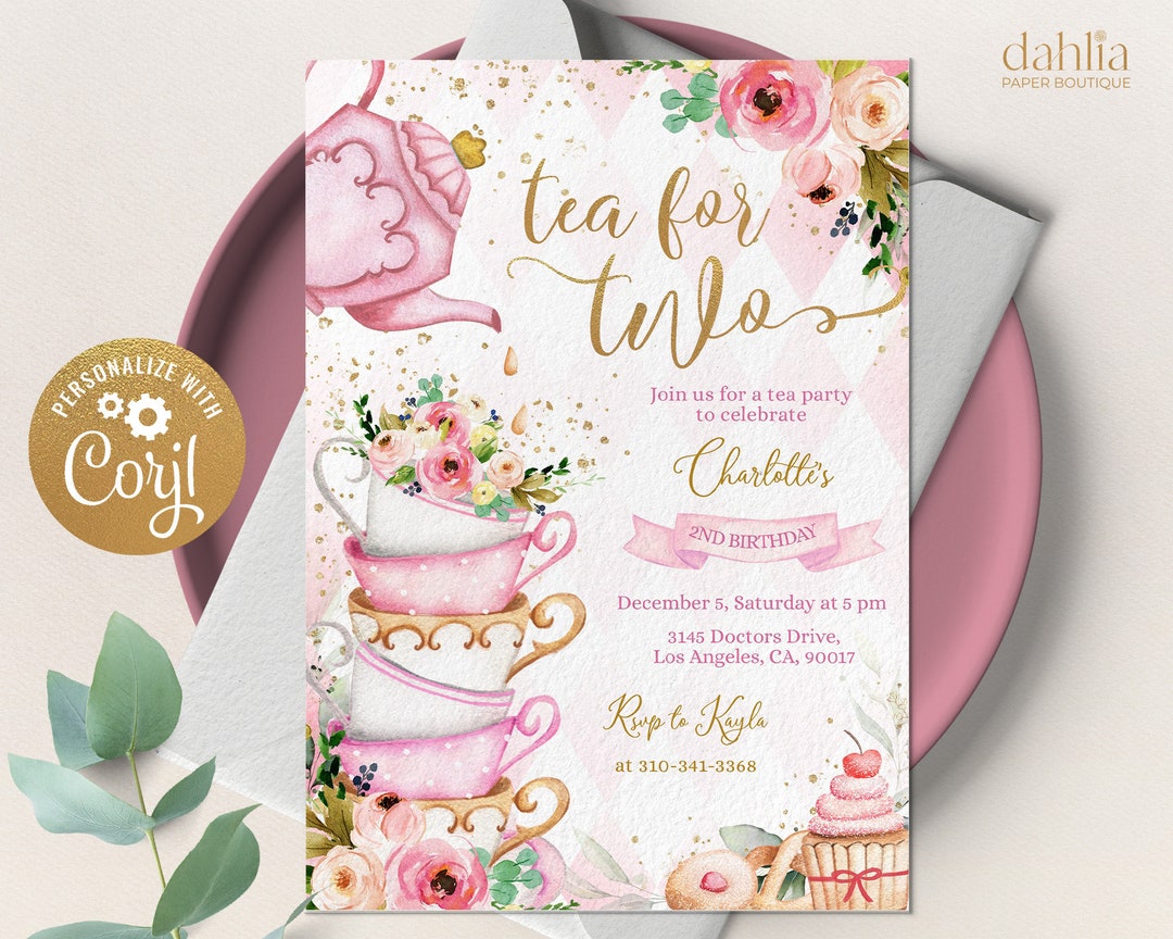 Tea for Two Birthday Invitation, Pink and Gold Par-tea Invite Template,  Whimsical Girls Tea Party, High Tea Floral, Instant Download KP056 - Etsy, image size:1080x864