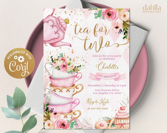 Tea For Two Birthday Invitation, Pink and Gold Par-tea Invite Template, Whimsical Girls Tea Party, High Tea Floral, Instant Download KP056 Il_570xn