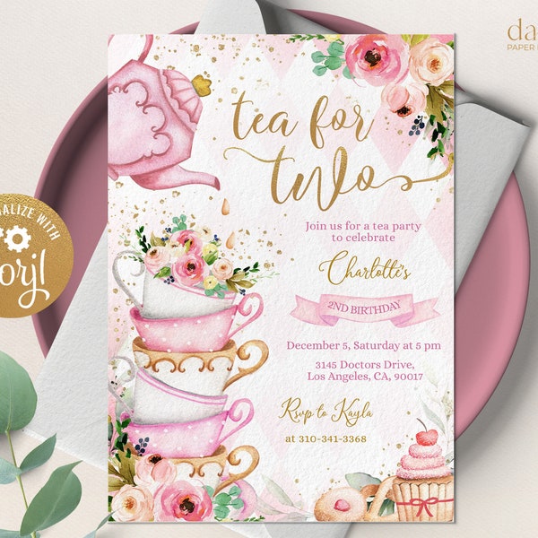 Tea For Two Birthday Invitation, Pink and Gold Par-tea Invite Template, Whimsical Girls Tea Party, High Tea Floral, Instant Download KP056