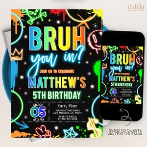 Bruh You In Birthday Invitation, EDITABLE Neon Graffiti Spray Paint Pizza Party, Teen Boy Arcade Games Party Invite, Instant Download KP461