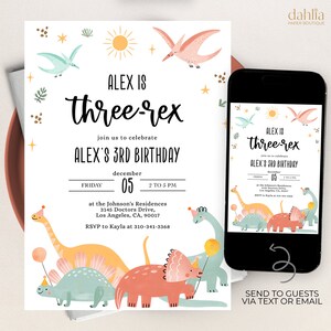 EDITABLE Dinosaur Birthday Invitation, Three-Rex Party Invite Template, Colorful Dino Island, Jurassic Kids Birthday, Instant Download KP124 image 1