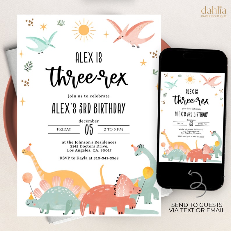 EDITABLE Dinosaur Birthday Invitation, Three-Rex Party Invite Template, Colorful Dino Island, Jurassic Kids Birthday, Instant Download KP124 image 1