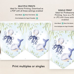 Peut inclure: T&eacute;l&eacute;chargement num&eacute;rique imprimable avec deux illustrations d'une pieuvre et d'une baleine dans une sc&egrave;ne sous-marine bleue et verte. Le motif est disponible en version simple ou en plusieurs impressions par page.