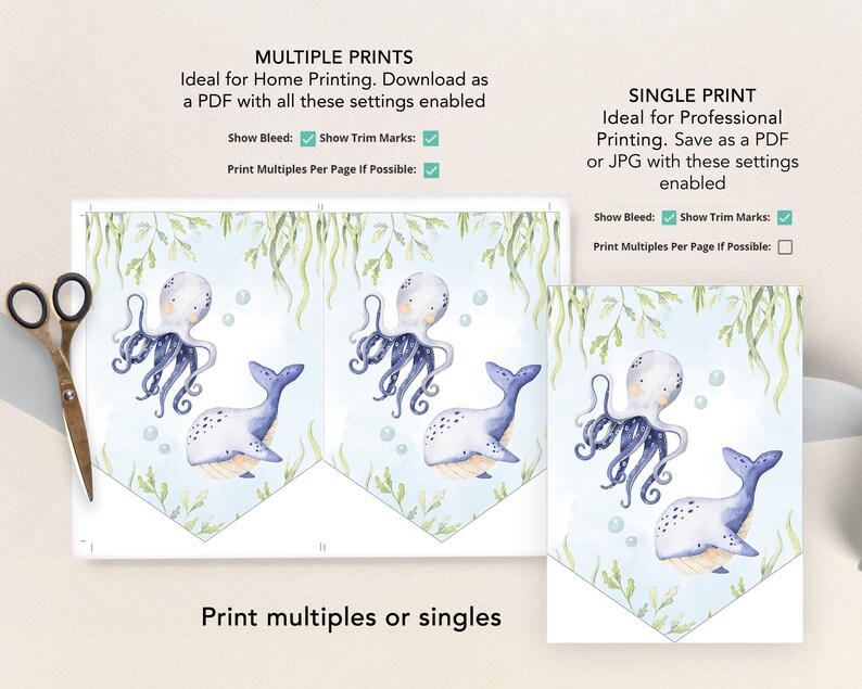 Peut inclure: T&eacute;l&eacute;chargement num&eacute;rique imprimable avec deux illustrations d'une pieuvre et d'une baleine dans une sc&egrave;ne sous-marine bleue et verte. Le motif est disponible en version simple ou en plusieurs impressions par page.