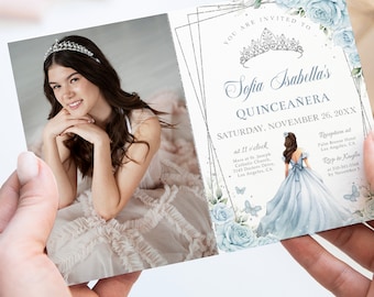 Baby Blue Silver Quinceañera Invitation with Photo, Editable Butterfly Invite Template, Floral Mis Quince Anos Birthday Tiara Princess, Q045
