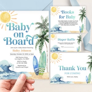 Baby an Bord Einladungsset, bearbeitbare Strand Babyparty Einladung, Blaues Baby Sprinkle Windel Raffle, Tropisches Sommer Surf's Up Bundle, BS240