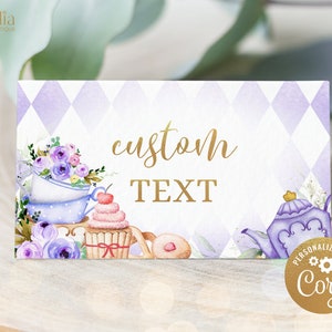 Modèle d'étiquettes de nourriture de Tea Party, carte de tente de carte de lieu de par-thé violet et or, décor d'anniversaire de thé floral fantaisiste, téléchargement immédiat KP056