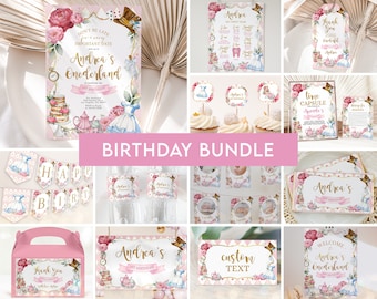 May include: A pink and gold Alice in Wonderland themed birthday party printable bundle. The bundle includes a welcome sign, a banner, cupcake toppers, a time capsule, a thank you sign, a custom text sign, and a birthday invitation. The design features Alice, the Mad Hatter, and other characters from the book.