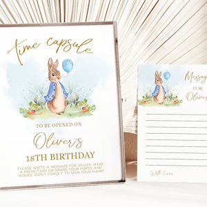 Tijdcapsule sjabloon, Peter Rabbit verjaardag tijdcapsule, Flopsy Bunny, rustiek konijn, 1e verjaardag decor, tijdcapsule kaart & teken, KP059
