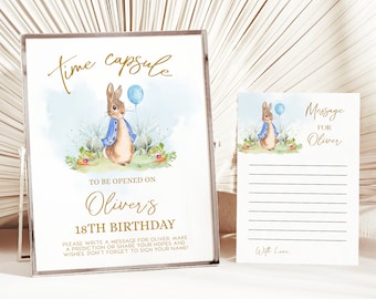 Time Capsule Template, Peter Rabbit Birthday Time Capsule, Flopsy Bunny, Rustic Rabbit, 1st Birthday Decor, Time Capsule Card & Sign, KP059