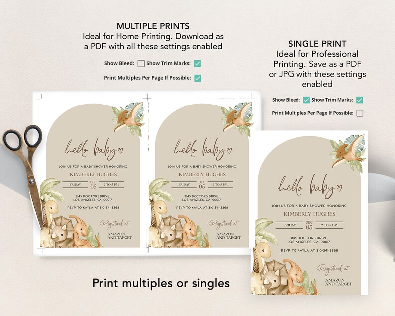 May include: Baby shower invitations with a dinosaur theme. The invitations feature a beige arch design with watercolor illustrations of dinosaurs and tropical plants. The text "hello baby" is written in a script font.