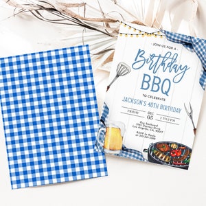BBQ Birthday Invitation, EDITABLE Blue Gingham Backyard Party Template ...