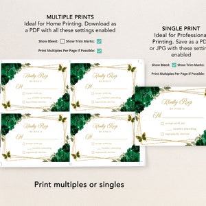 Puede incluir: Cuatro tarjetas de respuesta RSVP de boda verdes y doradas con un dise&ntilde;o floral. Las tarjetas tienen un borde dorado y un dise&ntilde;o de mariposa dorada. El texto en las tarjetas dice "Kindly RSVP by June 12".