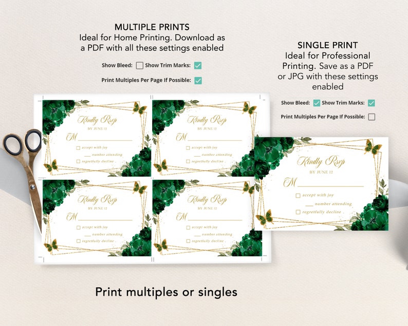 Puede incluir: Cuatro tarjetas de respuesta RSVP de boda verdes y doradas con un dise&ntilde;o floral. Las tarjetas tienen un borde dorado y un dise&ntilde;o de mariposa dorada. El texto en las tarjetas dice "Kindly RSVP by June 12".