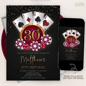 Faire-part d'anniversaire casino modifiable, 21, 30, 40, 50, anniversaire, poker, soirée casino, retraite, casino, jouer, cartes, poker, AP008