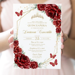 Convite Quinceañera vermelho e dourado Borgonha, modelo EDITÁVEL para festa de 15 anos, borboletas de cartão Mis Quince Anos, download instantâneo Q095