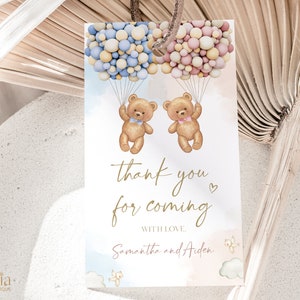 Osos de peluche EDITABLES Gracias por venir etiqueta de regalo, bebé niño o niña género revelar favor de fiesta, él o ella, globos de acuarela boho, GR025