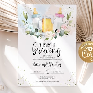 May include: A baby shower invitation with a watercolor illustration of a beer mug, two baby bottles, and flowers. The text reads "A Baby is Brewing" and includes the names "Katie and Stephen".