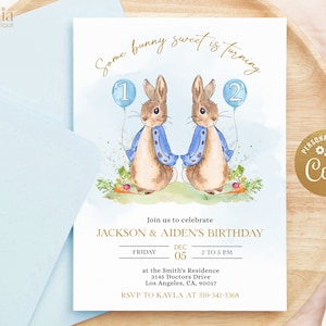Invito di compleanno congiunto di Peter Rabbit, modello di invito modificabile, coniglietto rustico blu, 1° compleanno, festa combinata, download istantaneo KP059