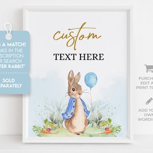 K&ouml;nnte beinhalten: Ein druckbarer digitaler Download mit einer Aquarell-Illustration von Peter Rabbit, der einen blauen Ballon h&auml;lt. Der Text "individueller Text hier" wird &uuml;ber der Illustration angezeigt. Das Bild eignet sich f&uuml;r eine Babyparty oder einen Geburtstag.