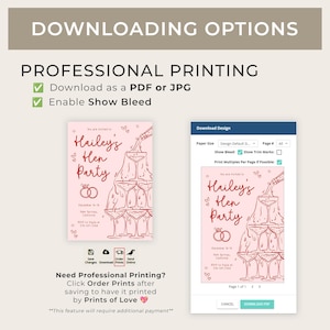 May include: A printable invitation for a hen party with a champagne glass tower design. The invitation is pink with red text and says "Hailey's Hen Party". The invitation also includes the date, location, and RSVP information. The image shows a preview of the invitation in a digital design program.