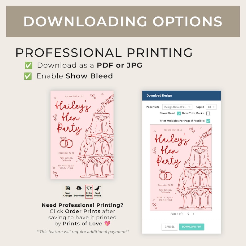 May include: A printable invitation for a hen party with a champagne glass tower design. The invitation is pink with red text and says "Hailey's Hen Party". The invitation also includes the date, location, and RSVP information. The image shows a preview of the invitation in a digital design program.